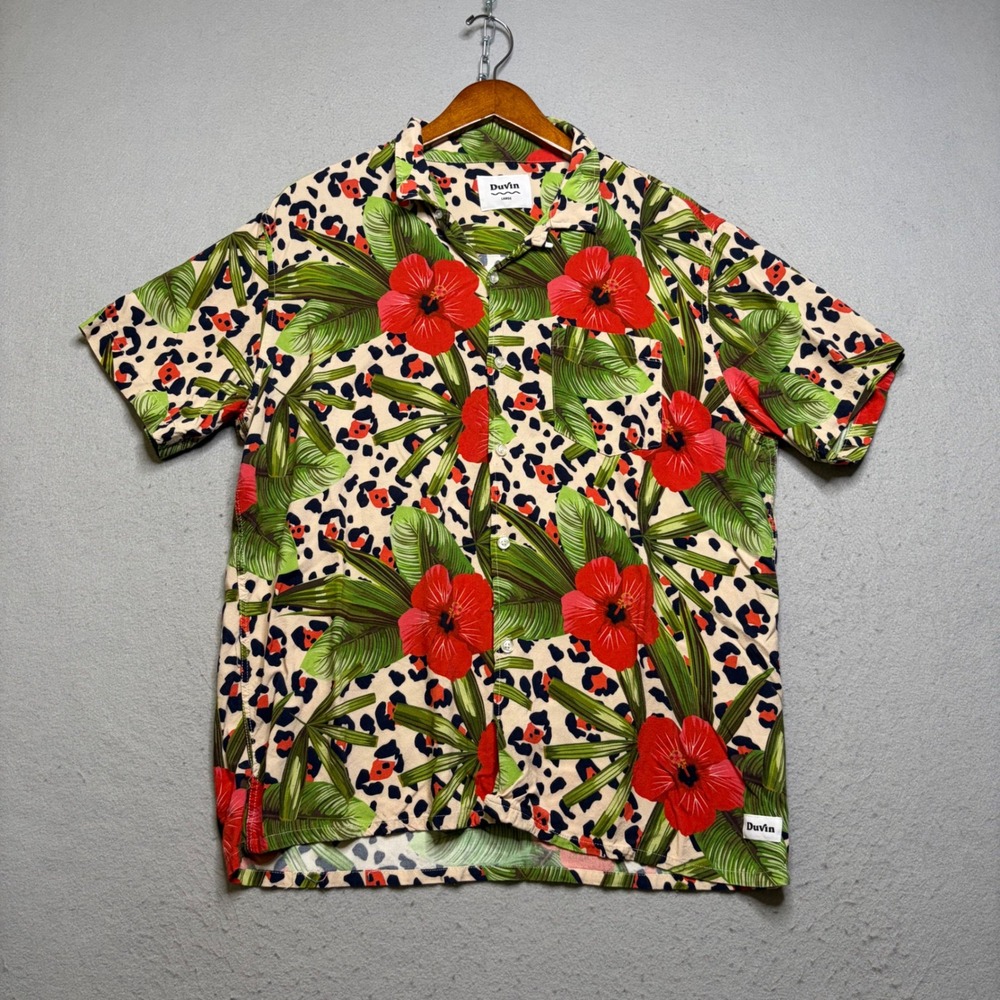 Duvin Button Down Shirt Mens Large Multicolor Leopard Tropical Floral Rayon S/S